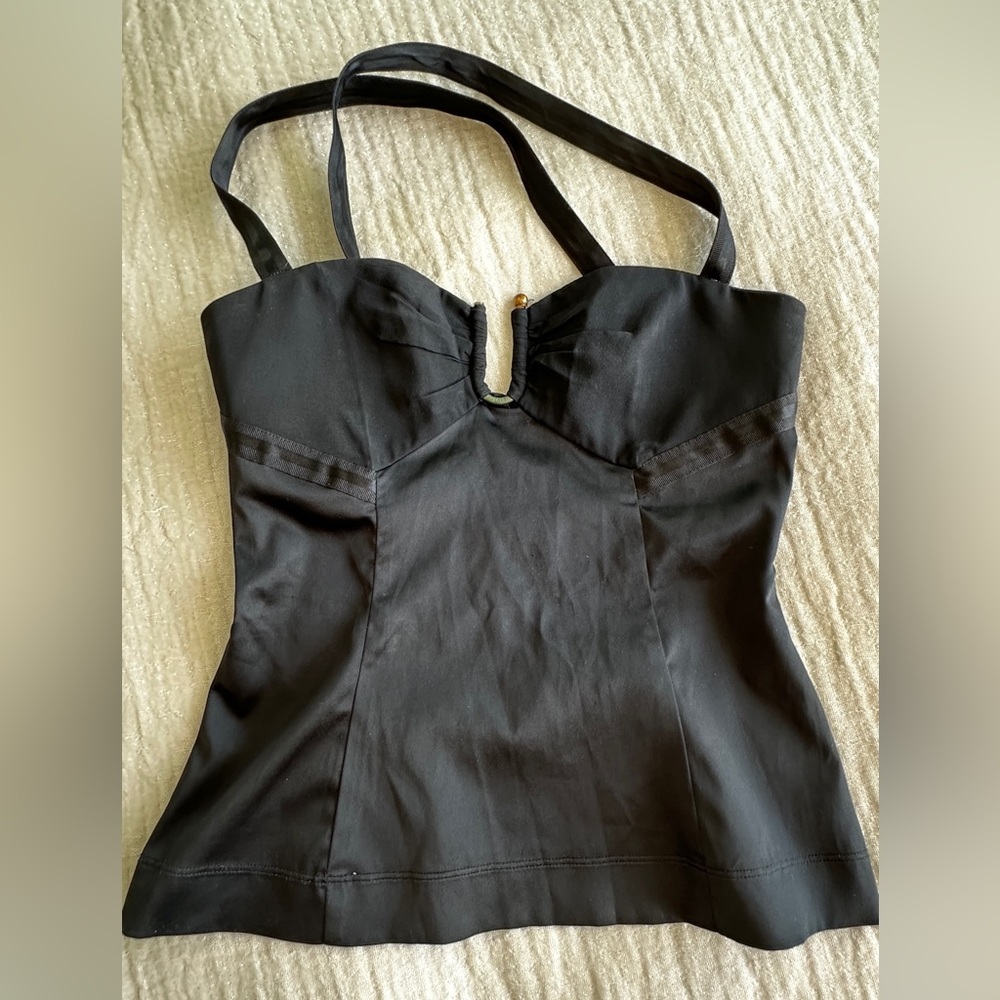JUST CAVALLI “Marilyn Monroe” black satin fitted corset top w/ X straps